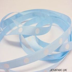 5M x 10mm Single face satin large polka dot ribbon - white on sky blue