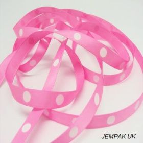 5M x 10mm Single face satin large polka dot ribbon - white on pink