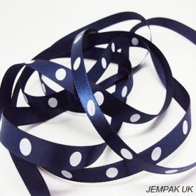 5M x 10mm Single face satin large polka dot ribbon - white on navy blue