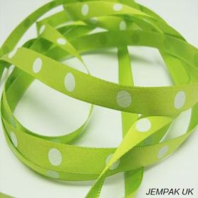 5M x 10mm Single face satin large polka dot ribbon - white on lime green