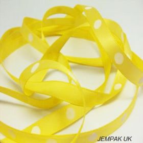 5M x 10mm Single face satin large polka dot ribbon - white on yellow