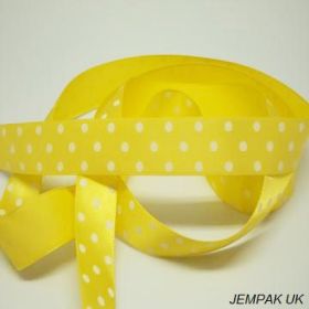 5M x 22mm Single face satin micro polka dot ribbon - white on yellow