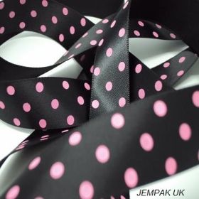 5M x 22mm Single face satin micro polka dot ribbon - pink on black