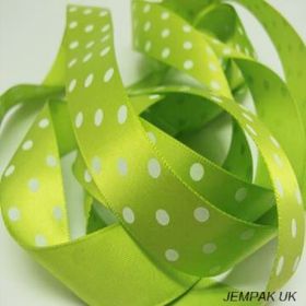 5M x 22mm Single face satin micro polka dot ribbon - white on lime green