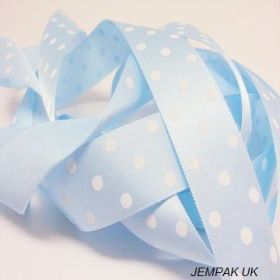 5M x 22mm Single face satin micro polka dot ribbon - white on baby blue