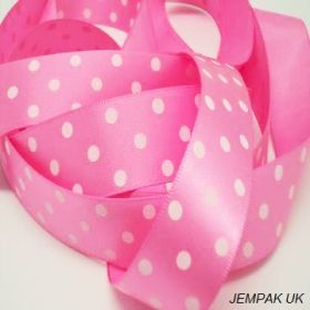 5M x 22mm Single face satin micro polka dot ribbon - white on pink