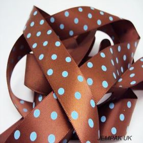 5M x 22mm Single face satin micro polka dot ribbon - turquoise blue on brown