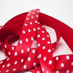 5M x 22mm Single face satin micro polka dot ribbon - white on red