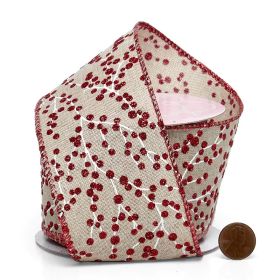 JEMPAK UK 3M x 64mm Red Sparkly Holly Berry on linen wired edge Xmas Ribbon