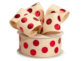 JEMPAK UK 3M x 38mm Embossed hot stamped Red Metallic dot on Ivory linen Xmas ribbon