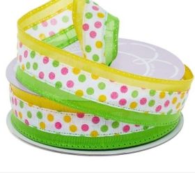 3M x 38mm Lime / Yellow Carnival Dots Wired edge Ribbon
