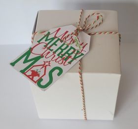 JEMPAK UK® Pack of 5 white high Gloss Gift/favour boxes with hinged lid (10cm x 10cm x 10cm) with 10M red Baker's twine and Xmas snow  gift tags