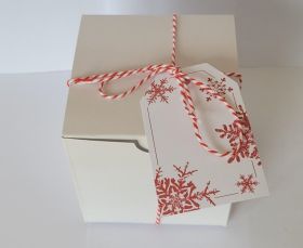 JEMPAK UK® Pack of 5 white high Gloss Gift/favour boxes with hinged lid (10cm x 10cm x 10cm) with 10M red Baker's twine and Xmas snow flaskes gift tags