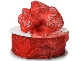 3M x 64mm Red wired edge metallic mesh Xmas swirl ribbon