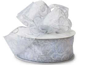 3M x 64mm Silver wired edge metallic sheer Xmas glitter ribbon