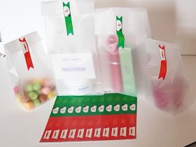 Pack of 20 Small clear frosted block bottom sweet/party/gift bags (3" x 2" x 7") with rectangular shaped printed Xmas labels